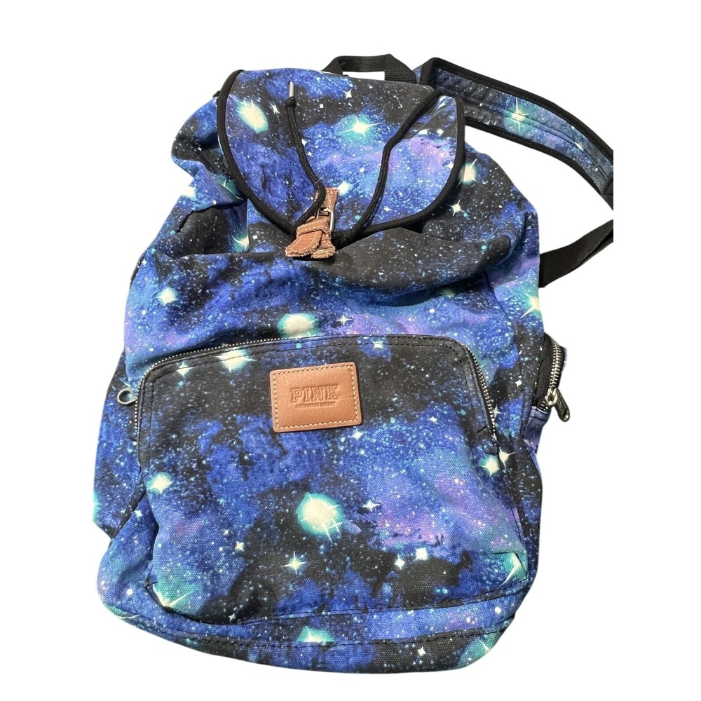 PINK Victoria's Secret Galaxy Stars Canvas Backpack Drawstring Flap Bag Blue